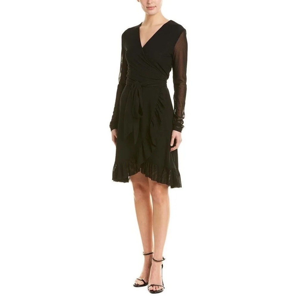 NWT Ganni Black Addison Ruffle Dot Mesh Wrap Dress Long Sleeve 34